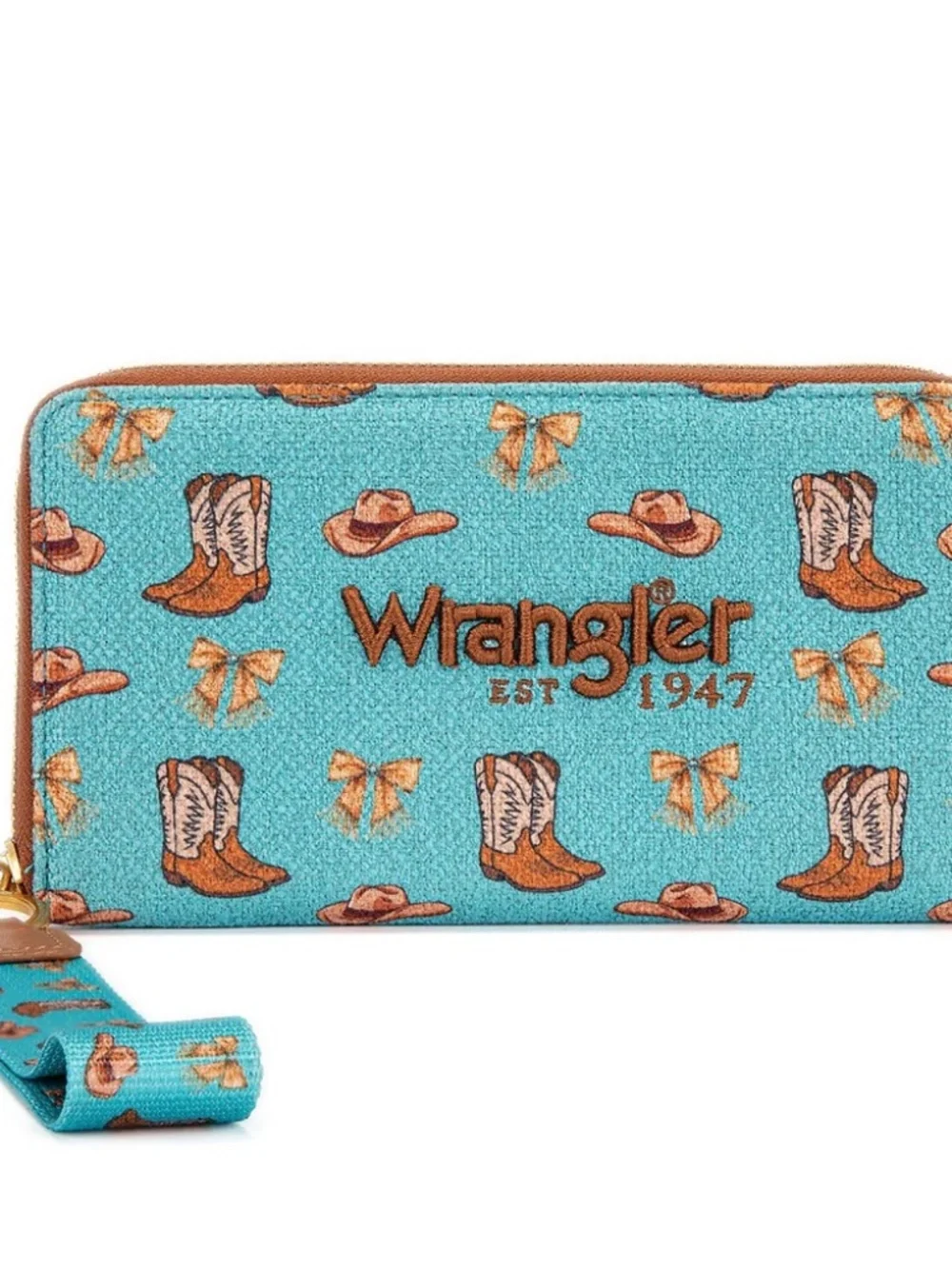 Wrangler Western Print RFID Blocking Zippered Wallet Turquoise